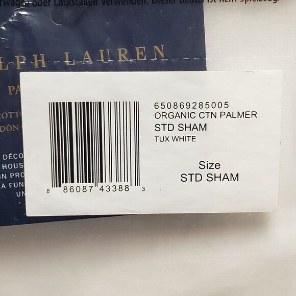 Ralph Lauren Home Palmer Percale Standard Sham Tux White Organic Cotton 20"x 28" - Picture 15 of 16